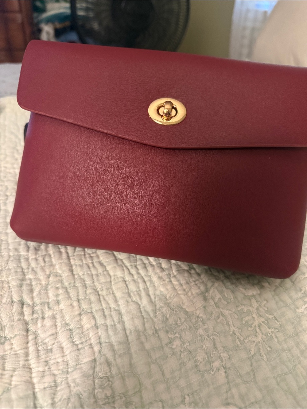 Leather Envelope cosmetic Bag in Burgundy with Gold Turn-Lock